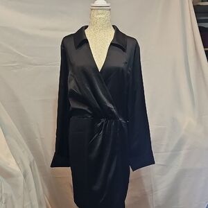 Sanctuary L/S Black Satin Faux Wrap Dress With Side Zip And Rhinestone Buttons